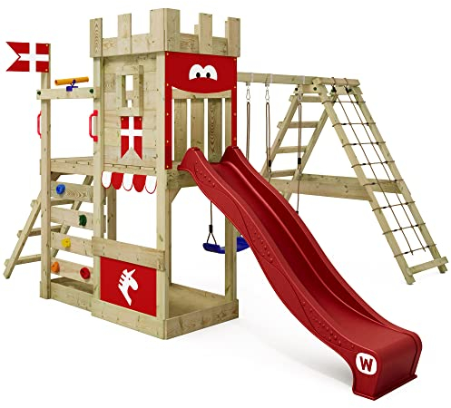 WICKEY Spielturm Ritterburg DragonFlyer mit Schaukel & roter Rutsche, Outdoor Kinder Kletterturm mit Sandkasten, Leiter & Spiel-Zubehör für den Garten