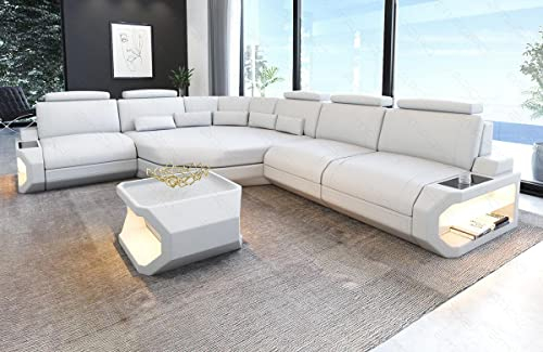 Ledersofa Asti als L Form Sofa in Leder mit Kopfstützen und LED Beleuchtung (Ecke links, White)