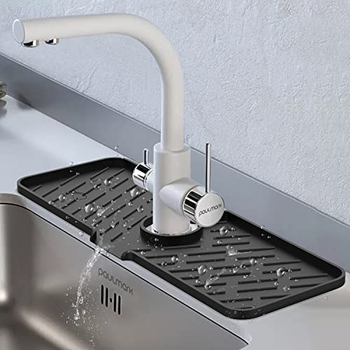 Silicone Faucet Splash Guard, 18” x 6.3” Faucet Water Catcher, Longer Silicone Sink Mat, Faucet Handle Drip Catcher Tray for Kitchen Countertop and Bathroom Sink Protectors (Black)