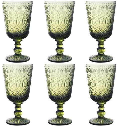 Taganov Green Drinking Glasses set of 6 Red Wine Goblets 10 OZ Colored Water Beverage Cup Vintage Glassware for Wedding Party Holidays Anniversary