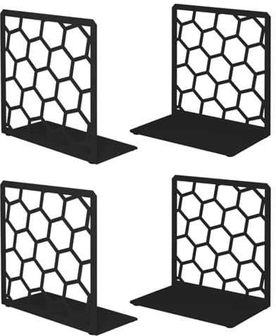 GEOMOD Geometric Honeycomb Black Metal Bookends Decorative - Tall Sturdy Book Ends for Shelves - Modern Heavy Duty Bookend Stopper - Office or Home Book Shelf Book Holder - 6x3.25x6.25 Inches - 2 Pair
