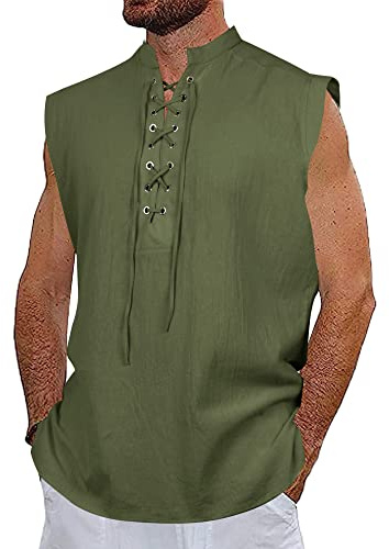 NANAMEEI Renaissance Pirate Sleeveless Linen Hippie Shirts Army Green 2XL