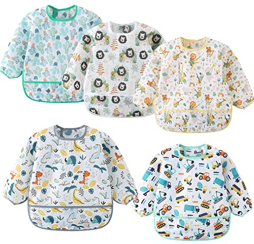 ElecMotive 5 Pack Long Sleeve Bib,Baby Toddler Waterproof Sleeved Bib for 6-30 Months Reusable with Catch-all Pocket