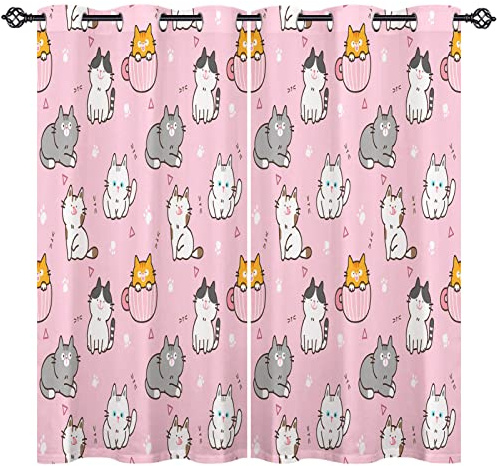 ANHOPE Cute Cartoon Cat Blackout Thermal Curtains 46 x 54 Inch 2 Panels | Pink Background Lovely Kitten Print, Eyelet Top, 80% Black out, Soundproof, Printed Window Drapes for Bedroom Living Room