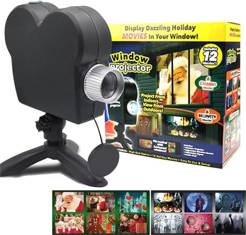 Cqhbzf Halloween Christmas Hologram Window Projector Light, 12 Movies Festival LED Projection Decoration Spotlight, Turns Your Curtain into Movie Screens