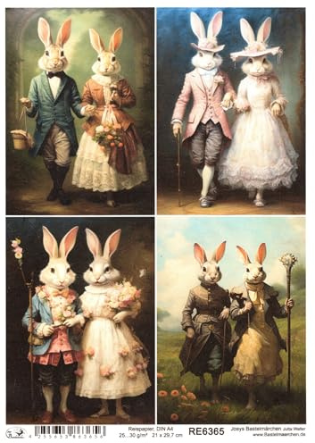 Josys Bastelmärchen Reispapier A4 Strohseide Decoupage Ostern Hasenpaar in Vintage Anzug RE6365