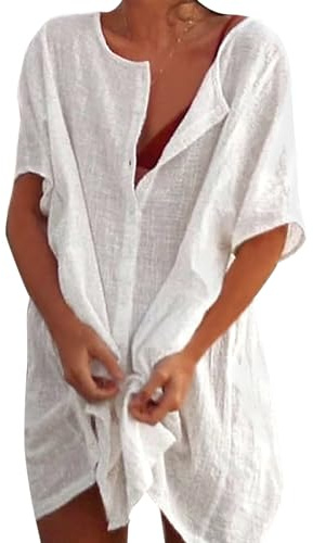 Figarge Damen Strandkleid Bikini Cover Up mit Rund Ausschnitt Knopfleiste Kurzarm Ärmel Sommerkleid Sommer Strandurlaub Badeanzug Strandtunika Vertuschen Shirt für Urlaub
