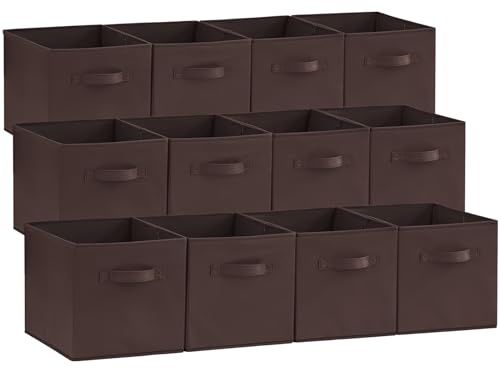 Lifewit 12 Packs Förvaringskuber, Cube Förvaringslådor, Vikbara Dekorativa Tyg Förvaringskorgar för Organisering Hem Organisatorer med handtag för Hyllor, Garderob, 26 X 26 X 27 cm, Brun