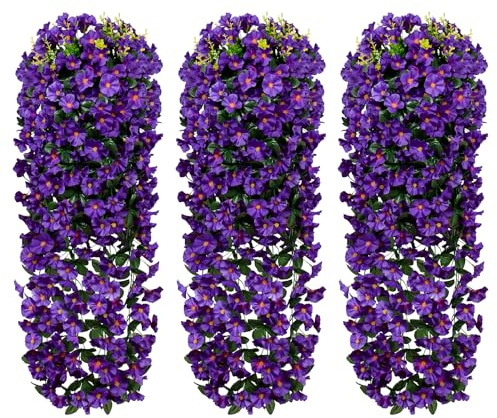 LOMOHOO Artificial Fake Hanging Flowers Plants for Outdoor Spring Decoration,3PCS Faux Silk Morning Glory Vines UV Resistant for Outside Home Indoor Planter Porch Patio Balcony (Purple, 3pc)