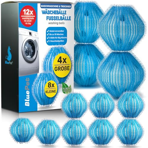 BluePet 12x Tierhaarentferner Waschmaschine, Fusselbälle Trocknerbälle | Für Waschmaschine & Trockner, Entfernt Flusen, Fusseln & Tierhaare, Wiederverwendbare Haarfänger für Wäschetrockner