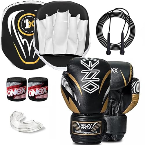 Boxing gloves and pads set Focus Punch Mitts MMA Training Sparring Hook and Jab strike Pads for Boys & Girls target with Punching Gloves (WHT/BLK + 6OZ GOLD 2023)
