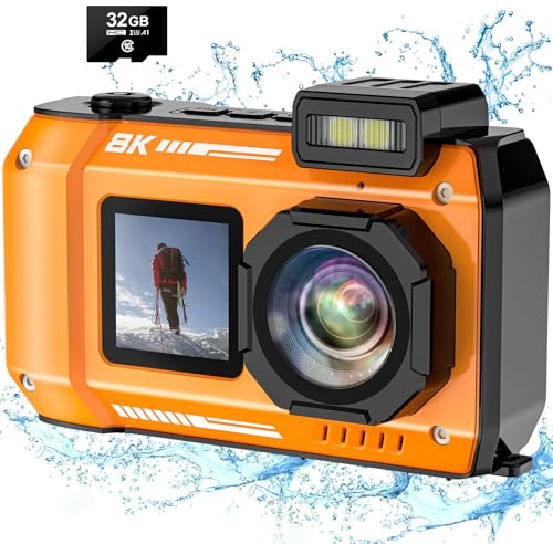 SPUNALP 8K UHD Underwater Camera 33FT Autofocus 70MP Rugged Dustproof Shockproof Digital Camera Waterproof Camera Dual-Screen Selfie Underwater Photograph Camera with 32GB Card, Orange