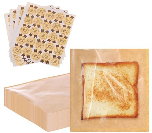 sourcing map 100pcs Heat Sealable Bakery Bags with Window 7.9 x 7.5 inches Kraft Paper Sandwich Bags, Clear Front Paper Grease Resistant Cookies Bags for Packaging Donut, Pastries (Brown)