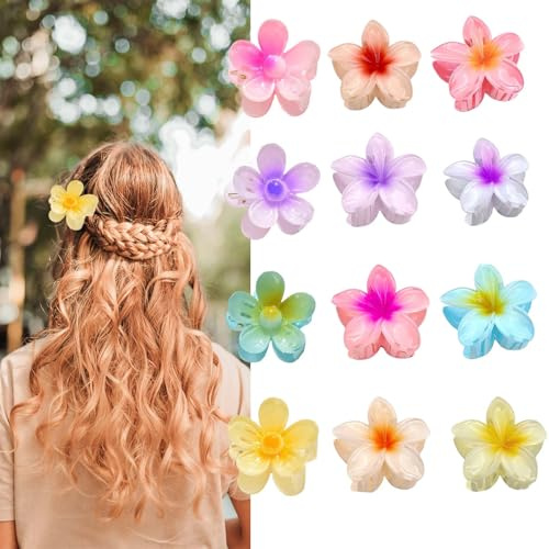 12 Stück Haarspangen mit Blume, Hawaiianische Blume, rutschfeste Blumenkrallen, Haarspangen, Plumeria, Haarspangen, Blume, aus Kunststoff, für dickes und feines Haar