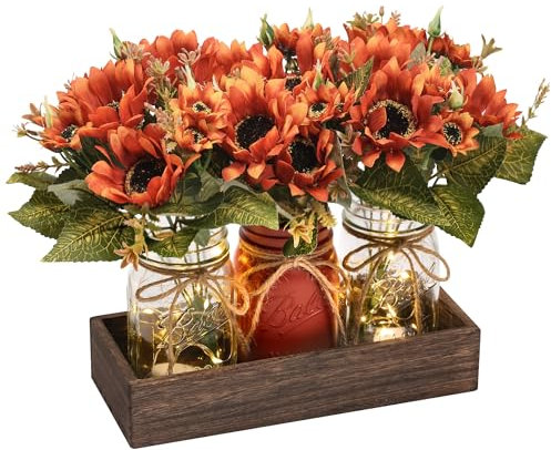 DUOER 3 Pcs Fall Mason Jar Centerpiece Table Decorations for Dining Table Decor Farmhouse Coffee Table Decor with Wood Tray and Led Light Table Centerpieces for Dining Room Kitchen Living,Orange