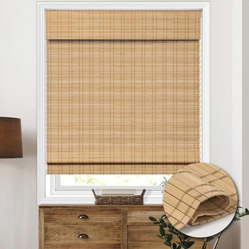 HIDODO Cordless Bamboo Roman Shades, Light Filtering Bamboo Shades Blinds Window Treatment Roll Up Blind for Windows, 34 W x 64 H, Natural