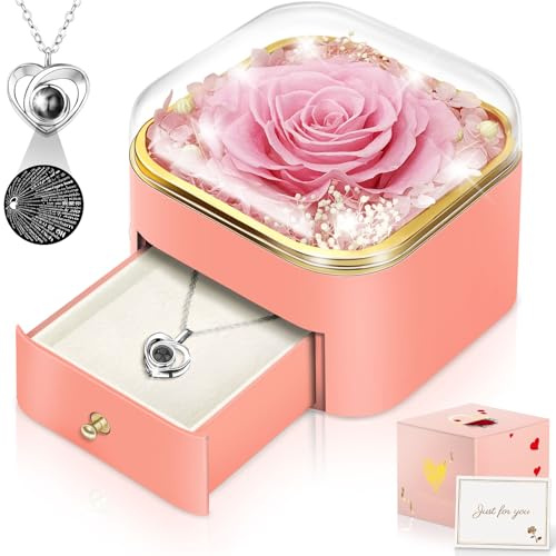 Hnustbo Rosen Geschenke für Frauen, Mama, Freundin, Ewige Blumen, konservierte echte Rose mit I Love You Halskette, Geburtstag, Jahrestag, Valentinstag, Muttertag, Weihnachten | Konservierte echte Rose mit I Love You-Halskette, Geschenke für Geburtstag, Weihnachten, Jahrestag, Valentinstag, Muttertag
