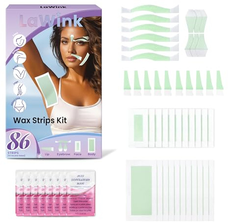 Strisce Depilatorie Gambe e Corpo, 86 Strisce per Depilazione Facciale, 4 Salviette Lenitive con Olio, Cera per Rimozione Peli del Labbro e Sopracciglia LaWink