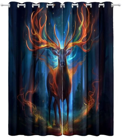 Rideaux Occultants pour Salon Cerf lumineux de la forêt sombre 234 X 230 cm Traitements De Fenêtre À Oeillets Impression 3D Garçons Filles Chambre Décoration De La Maison Isolation thermique Rideau