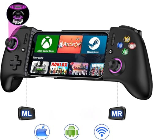 Phone Controller - Mobile Gaming Controller with Hall Effect Joysticks & Triggers,RGB Lighting - No Dead Zone,800mAh Battery,Retractable Phone Case Support, Controller for iphone and Android