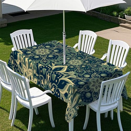 Highdi Tovaglia Rettangolare con Foro per Ombrellone, Tovaglia per Giardino Antimacchia con Cerniera Tovaglia da Esterno Impermeabile per Feste e Barbecue (Boemia 1,213x152cm)