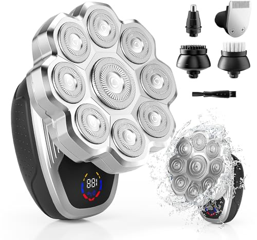 Rasoio elettrico da uomo, rasoi per uomini calvi, rasoi elettrici 5 in 1 con rasoio a testa calva bagnata e asciutta, rasoio a testa galleggiante 9D viene fornito con lame magnetiche staccabili