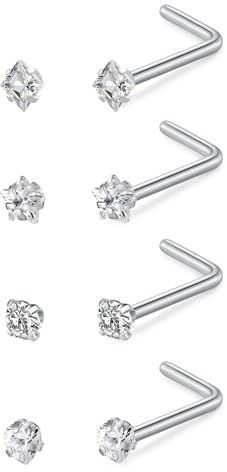 LAURITAMI 4 Pièces Piercing Nez, 20G Piercing Nez Acier Inoxydable Argent, L Forme Percing Narine Bijoux de Percing pour Femme Homme
