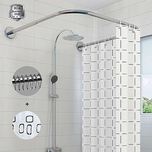 GODFSAHG Asta per Tenda da Doccia Curva Senza Trapano, Asta per Tenda da Doccia ad Angolo a Forma di U Regolabile, Asta telescopica Quadrata per Bagno in Acciaio Inossidabile 304 con Tenda