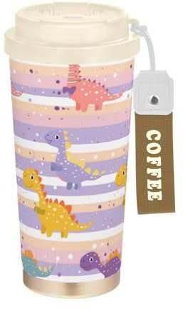 Amooorous Vaso de café decorativo de viaje con tapa para llevar, diseño de dinosaurios de dibujos animados, con rayas moradas claras, taza de café de acero inoxidable aislada para bebidas frías y