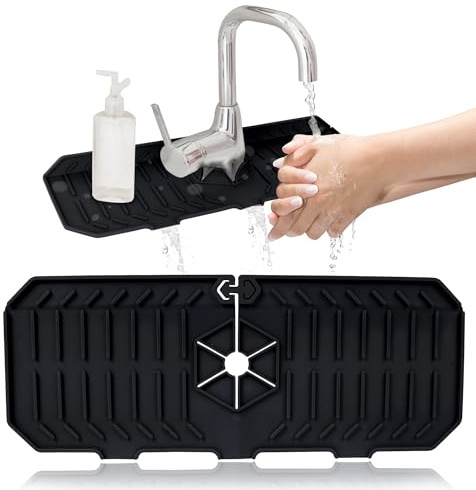 Silicone Kitchen Faucet Mat, Sink Protector Mat Black, Tap Sink Splash Guard for Countertop Protection & Clutter-Free Cleaning (Black)