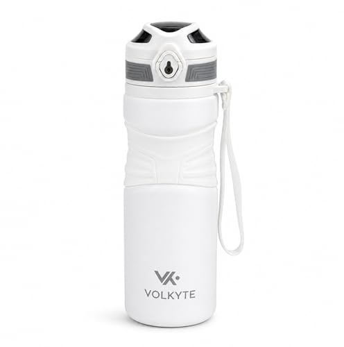 VOLKYTE Botella Térmica para Agua 600 ml, Acero Inoxidable 316 de Doble Pared, 12 h de Calor y 24 h de Frío, Tapa Antifugas con Cierre de Seguridad y Correa, Blanca