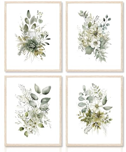 Dazzlewall Set di 4 Stampe Botaniche, Arte Foglie Verde Salvia Stile Minimalista per Camera/Soggiorno/Bagno, 20x25 cm Senza Cornice
