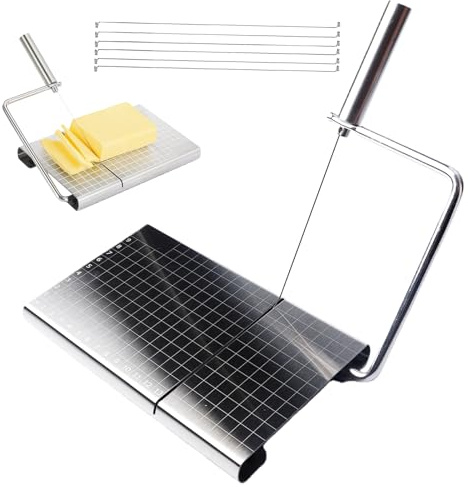 GBKDQQ Auswechselbarer Käseschneider mit Draht, Edelstahl Käsehobel mit Brett und Messgitter, Cheese Slicer mit Skala, Käseschneider mit 6 Extra Starken Drähten für Blockkäse Butter Fleisch