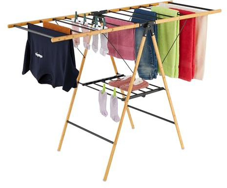 Relaxdays Stendino Pieghevole con Ali, Stendibiancheria Alato con 2 Livelli, HLP: 100x148x56 cm, in Ferro e bambù, Nero