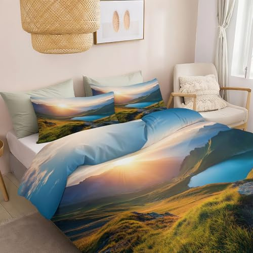Parure de Lit 140x200 cm 1 Personne Paysage Nature Lever Soleil Montagnes, Multicolore Housse de Couette en Microfibre Douce (3 Pièces : 1 Housse + 2 Taies d'Oreiller 65x65 cm) avec Fermeture Éclair