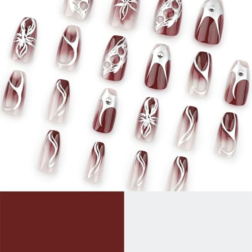 24 Pcs Short Ballet False Nails Silver Flame Flower Acrylic Press On Full Covers Stick On For Women