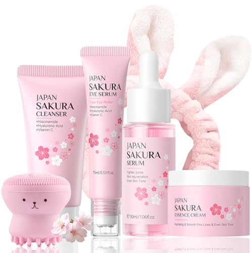 Sakura Skincare Set Teenager Mädchen Geschenke, Japan Sakura Skin Care Set, Gesichtspflege Set Beauty Set, Feuchtigkeit Geschenkset Frauen mit Reiniger,Gesichtscreme,Serum,Augenserum,Bürste (6PCS）