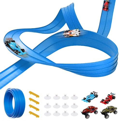 Flexible Race Track 5m, Car Track with 4 Toy Cars, Portable Roll Up Racetrack for Kids, Dual Lane Speed Track for 1:64 Scale Cars, Fun Racing Toy for Boys & Girls Ages 3+ (Blue)