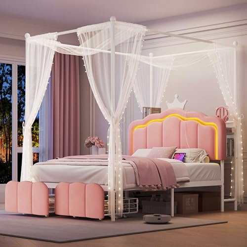 Full Velvet Upholstered LED Canopy Bed Frame with 2 Storage Drawers and Charging Station, Crown Headboard with Bookshelf, Two-Use Princess Platform Bed with 4 Removable Posts,Metal Slats Support-Pink