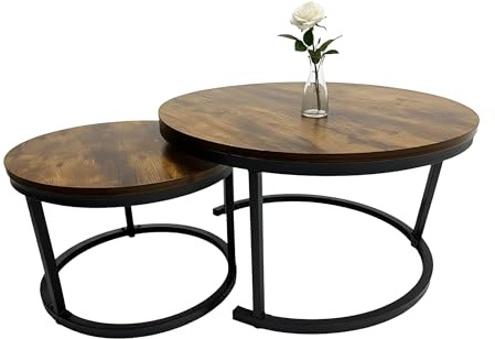 Relaxdays Satztisch 2er Set, Industrial Design, Ø 50 cm & 70 cm, Holzoptik & Metall, runde Beistelltische, braun/schwarz | Ø 50 cm & 70 cm, Holzoptik & Metall, runde Beistelltische