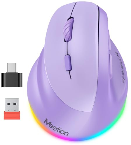 MEETION Left-Handed Mouse, Ergonomic Mouse Wireless Vertical Mouse, RGB Mice for Bluetooth(5.2 + 3.0) & USB-A with Type-C Adapter 4 Adjustable DPI for Mac/Windows/Tablet/iPad/PC Purple