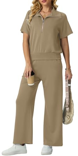 GRECERELLE Tracksuit Womens Full Set Summer Activewear Two Piece Outfits Lounge Wear Sets for Women Short Sleeve Half Zip Casual Pullover Tops and Jogging Bottoms with Pockets