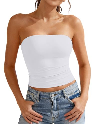 Tubo Top Mujer Camiseta Sin Tirantes Verano Bandeau Slim Fit Sin Mangas Crop Tops con Banda Elástica Doble Capa Blusa Tubo Básico Y2K Shirt Sexy Sin Acolchado Bustier Tank Shirt Aesthetic Clothes S-XL