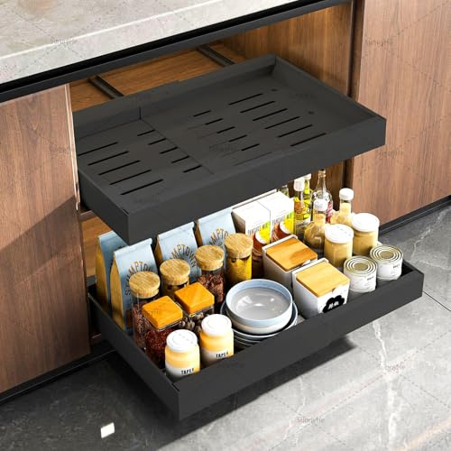 Lot de 2 tiroirs télescopiques, tiroir de cuisine extensible, tiroir extensible de cuisine, largeur réglable de 32 à 53 cm avec rail adhésif silencieux, sans perçage ni clouage requis, tiroir de