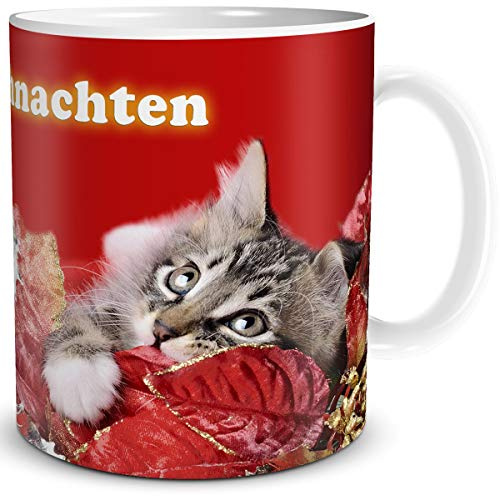 TRIOSK Lustige Weihnachtstasse Katze mit Spruch Frohe Weihnachten! - Witziges Katzenmotiv als Geschenk für Katzenliebhaber, Freundin, Frauen & Männer - Keramik-Tasse 300 ml, Rot