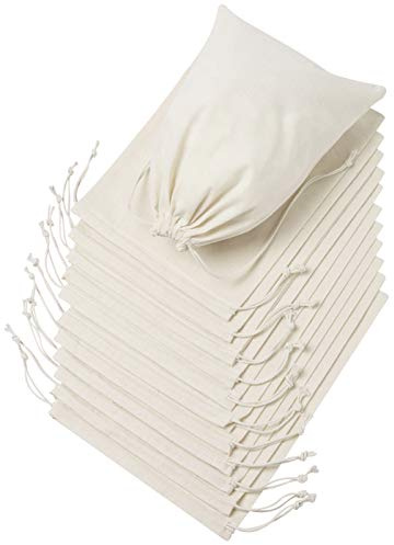 DR 100% Cotton Muslin Drawstring Bags (9x12 Inch - 12-Pack) Natural Beige Fabric Storage Pouches for Pantry Gifts Laundry Travel Organization