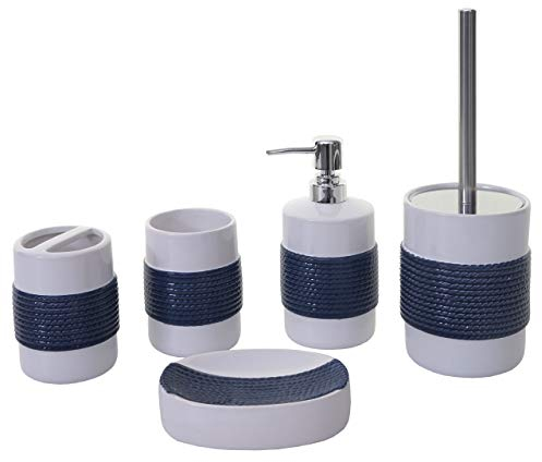 5-teiliges Badset HWC-C73, WC-Garnitur Badezimmerset Badaccessoires, Keramik - blau/weiß