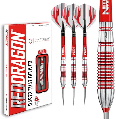 RED DRAGON Darts - AMP Serie - 90% Tungsten Profi Dartpfeile - NitroFlite Integrierter Flug/Schacht | Dart Pfeile Steeldarts 20g, 21g, 23g, 24g & 26g | Weiche Spitze 18g (Tapered, 24G)