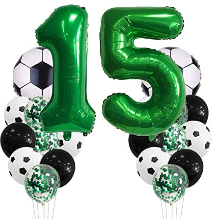 Fußball Geburtstagsdeko 15 Jahr Kindergeburtstag Deko Jungen Großes Fußball Luftballon Geburtstag Dekorationen Zahl 15 Ballon, Fussball FolienBallon, Grüner Konfetti Ballon für Fußball Themenfeier