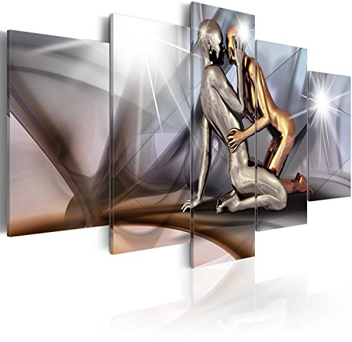 B&D XXL - Wandbilder XXL Figuren 150x75cm 5 tlg - Wand Deko Leinwand Bilder Groß Wanddeko Wohnzimmer Schlafzimmer Kunstdrucke - Kuss Gestalten silber h-A-0019-b-m
